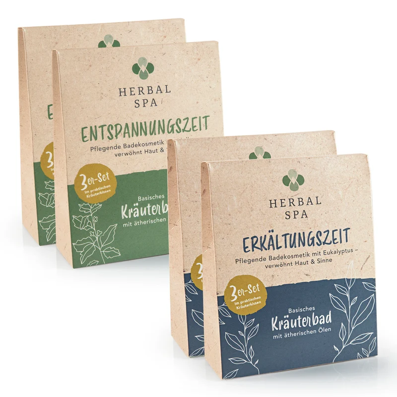 Basisches Kräuterbad mit ätherischen Ölen - Erkältungszeit & Entspannungszeit - 12er-Set (12x 100 g)