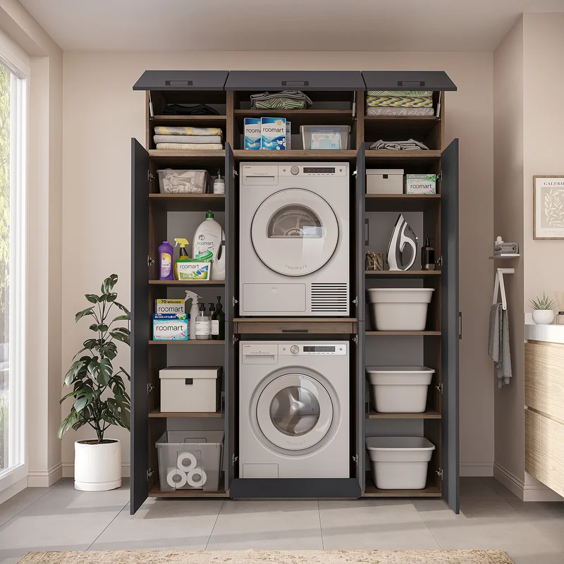 Roomart Waschmaschinenschrank DORA-I, 160 cm breit, für Waschmaschine und Trockner mit 2 Hochschränken, in 5 Farben