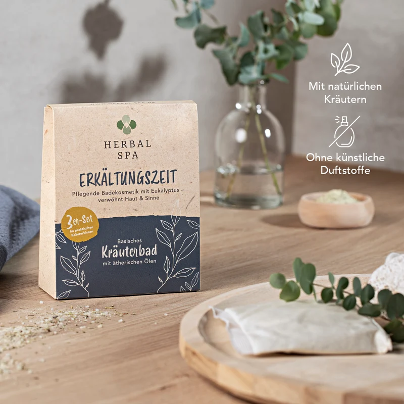 Basisches Kräuterbad mit ätherischen Ölen - Erkältungszeit & Entspannungszeit - 6er-Set (6x 100 g)