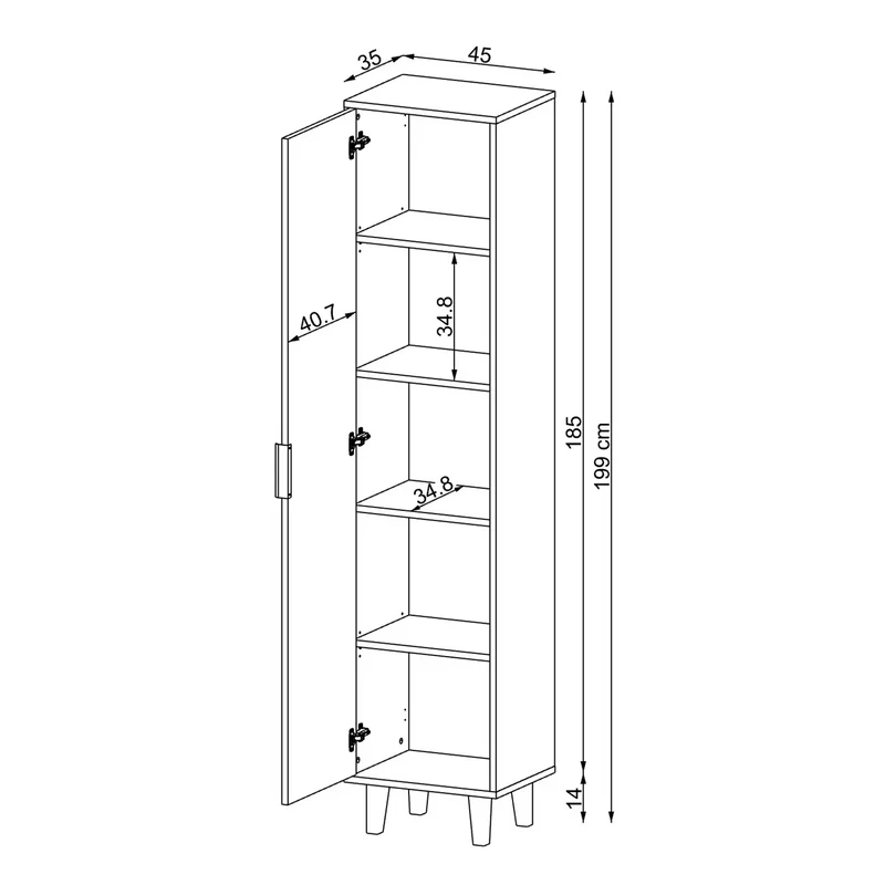 Roomart Hochschrank NORD, 199 cm, mit Tür und 5 Fächern, in 2 Farben