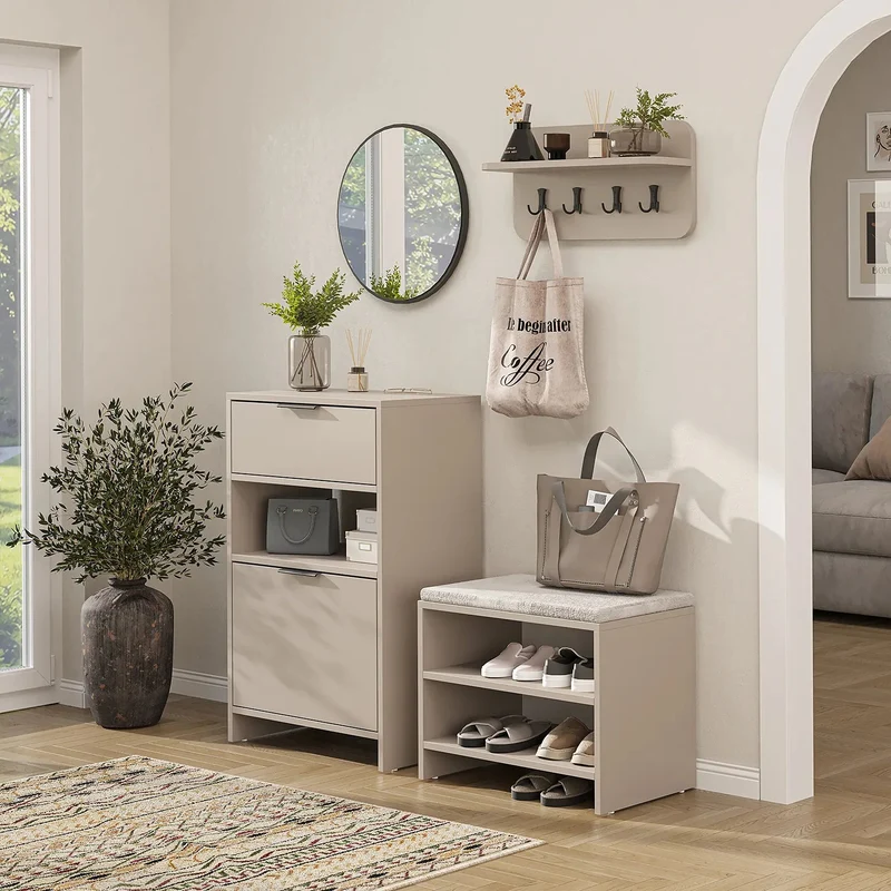 Roomart 4-teiliges Garderobenset LENA, mit Schuhschrank, Sitzbank, Wandgarderobe und rundem Spiegel, in 2 Farben