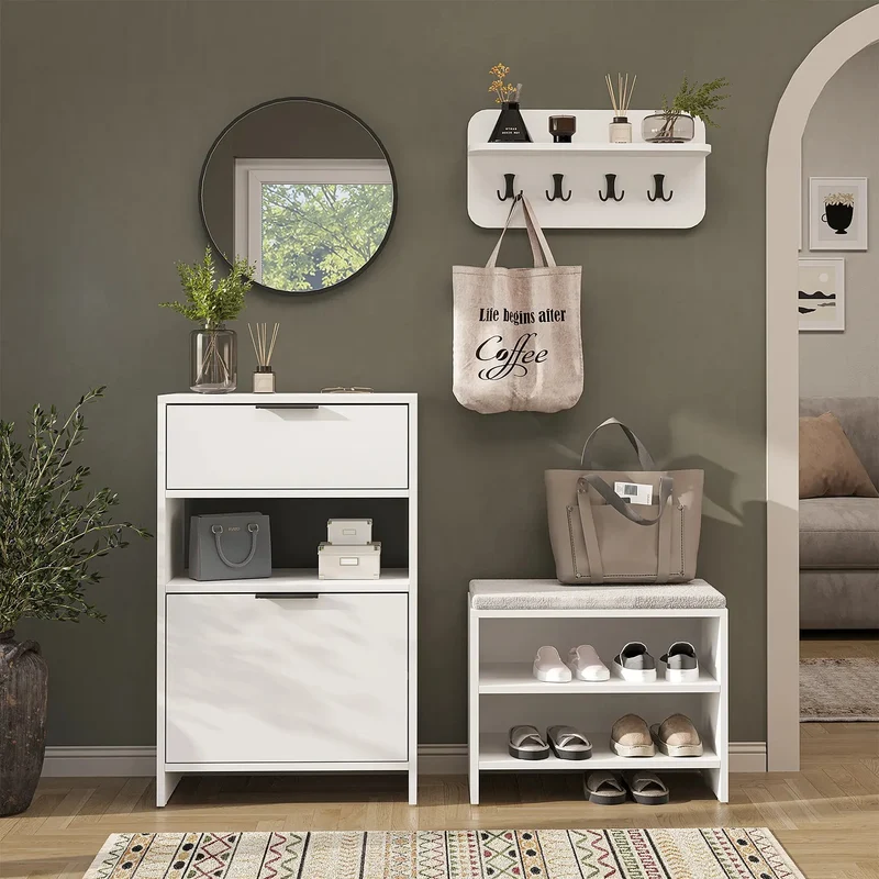 Roomart 4-teiliges Garderobenset LENA, mit Schuhschrank, Sitzbank, Wandgarderobe und rundem Spiegel, in 2 Farben