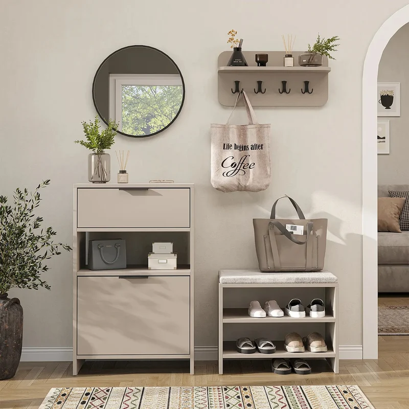 Roomart 4-teiliges Garderobenset LENA, mit Schuhschrank, Sitzbank, Wandgarderobe und rundem Spiegel, in 2 Farben