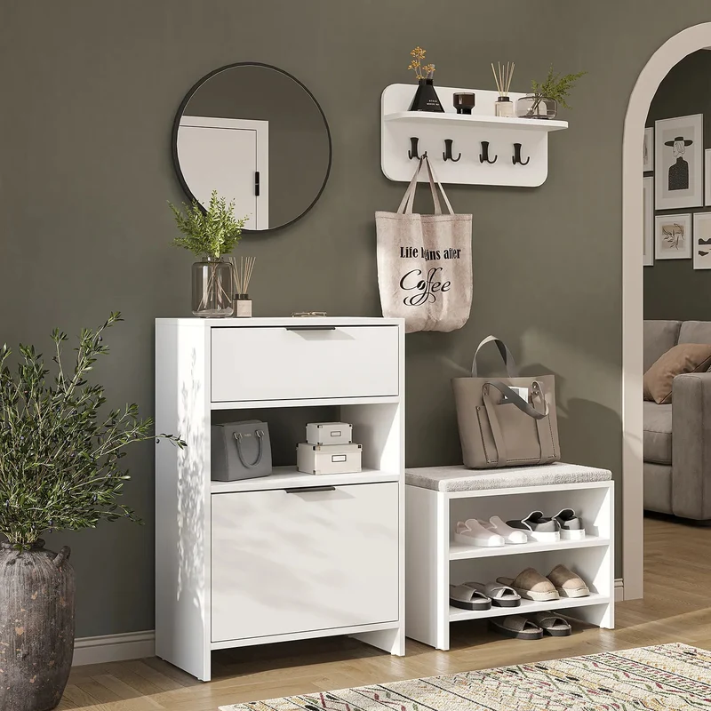 Roomart 4-teiliges Garderobenset LENA, mit Schuhschrank, Sitzbank, Wandgarderobe und rundem Spiegel, in 2 Farben