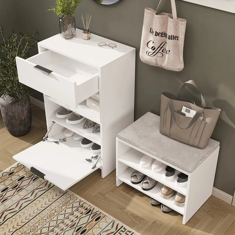 Roomart 4-teiliges Garderobenset LENA, mit Schuhschrank, Sitzbank, Wandgarderobe und rundem Spiegel, in 2 Farben