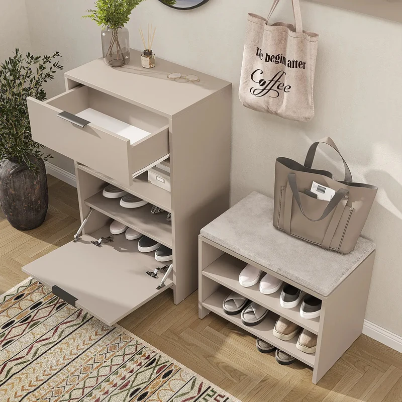 Roomart 4-teiliges Garderobenset LENA, mit Schuhschrank, Sitzbank, Wandgarderobe und rundem Spiegel, in 2 Farben