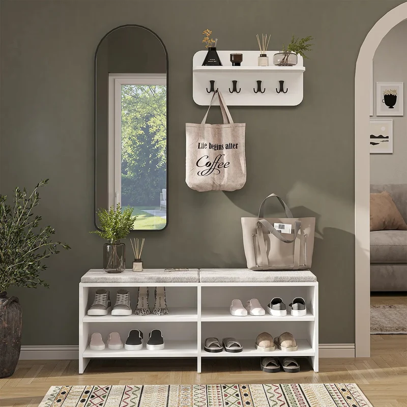 Roomart 3-teiliges Garderobenset LENA, mit Sitzbank 120 cm, Wandgarderobe und Bogenspiegel, in 2 Farben