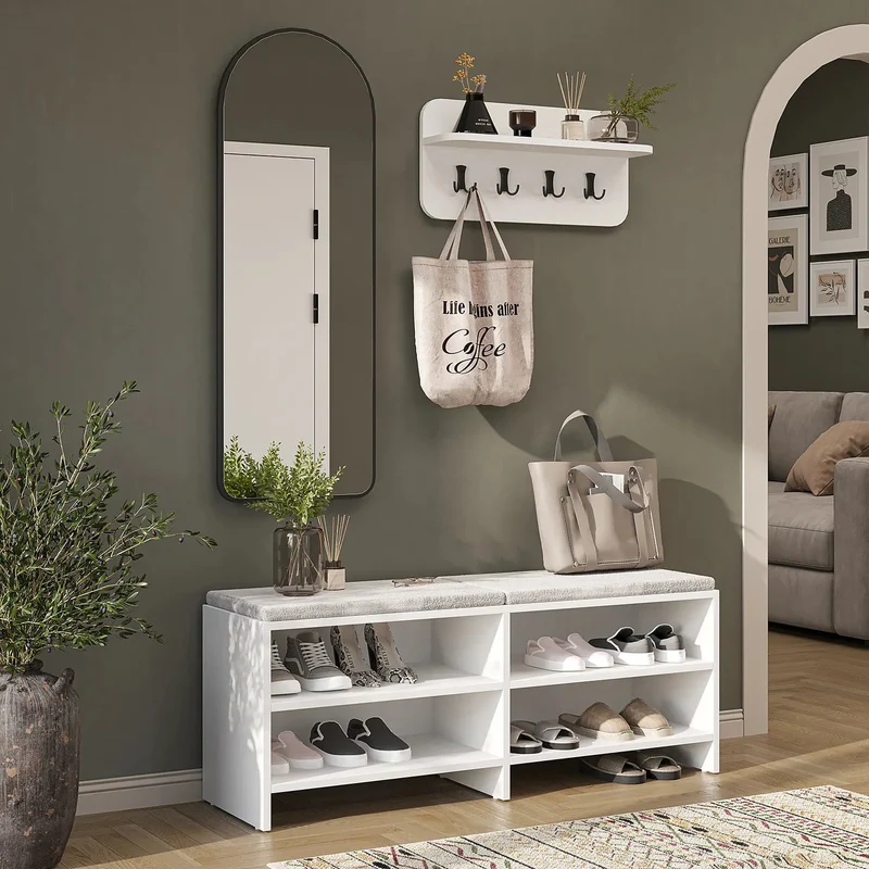 Roomart 3-teiliges Garderobenset LENA, mit Sitzbank 120 cm, Wandgarderobe und Bogenspiegel, in 2 Farben