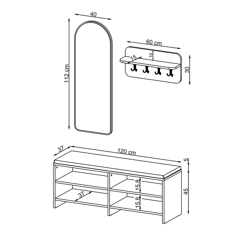 Roomart 3-teiliges Garderobenset LENA, mit Sitzbank 120 cm, Wandgarderobe und Bogenspiegel, in 2 Farben
