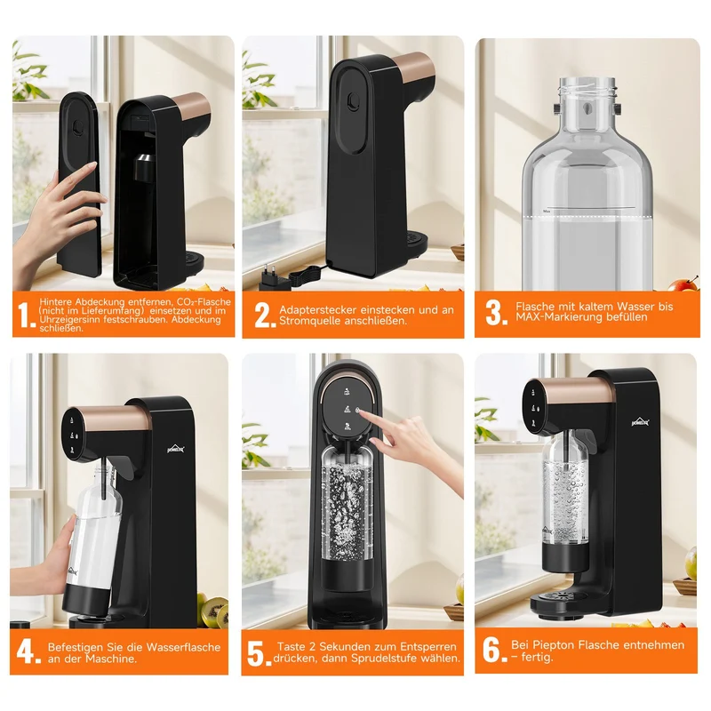 HOMELUX Elektrischer Wassersprudler, Touch-Bedienung, 3 Sprudelstärken, inkl. BPA-freier PET-Flasche, Schwarz