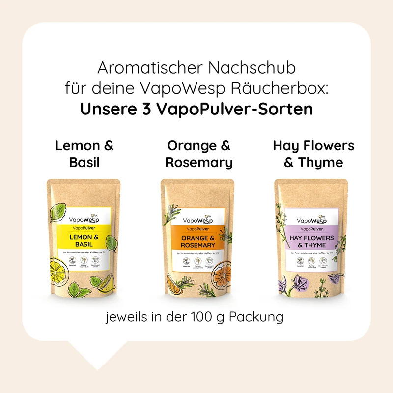 Pulver-Set Orange & Rosemary (100 g) + Lemon Basil (100 g) + Hay Flowers & Thyme (100 g)