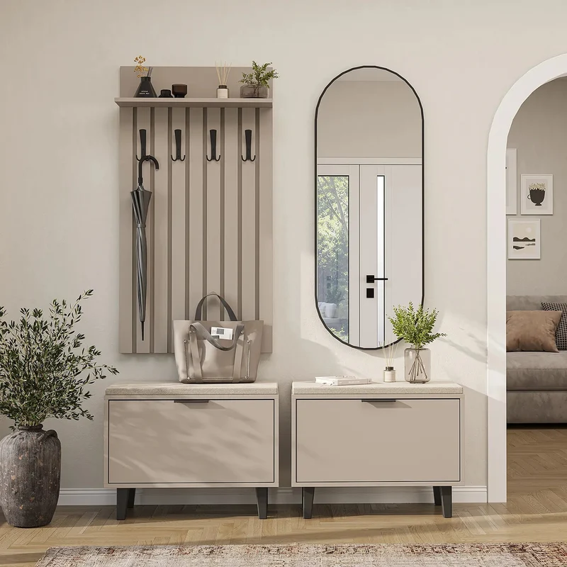 Roomart 4-teiliges Garderobenset NORD, mit 2 Sitzbänken mit Schuhklappe, Garderobenpaneel 130 cm und ovalem Spiegel, in 2 Farben