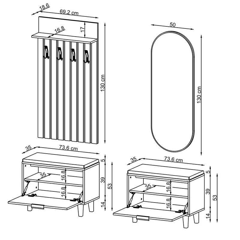 Roomart 4-teiliges Garderobenset NORD, mit 2 Sitzbänken mit Schuhklappe, Garderobenpaneel 130 cm und ovalem Spiegel, in 2 Farben