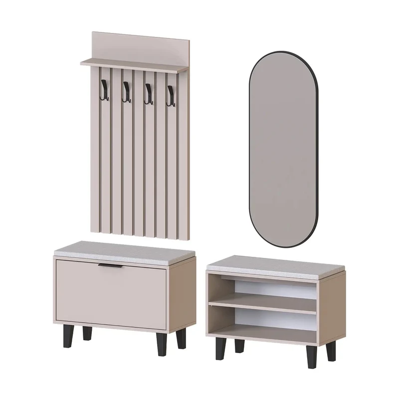 Roomart 4-teiliges Garderobenset NORD, mit 2 Sitzbänken (offen und mit Schuhklappe), Garderobenpaneel 130 cm und ovalem Spiegel, in 2 Farben