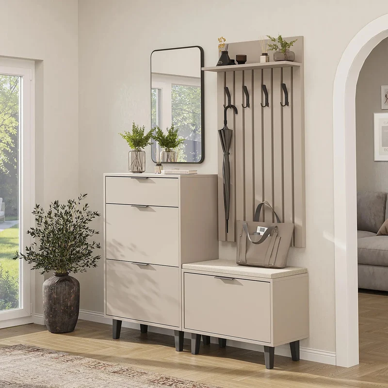 Roomart 4-teiliges Garderobenset NORD, mit Schuhschrank, Sitzbank mit Schuhklappe, Garderobenpaneel 130 cm und Spiegel, in 2 Farben