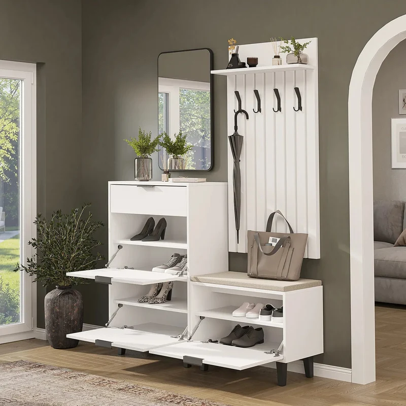 Roomart 4-teiliges Garderobenset NORD, mit Schuhschrank, Sitzbank mit Schuhklappe, Garderobenpaneel 130 cm und Spiegel, in 2 Farben
