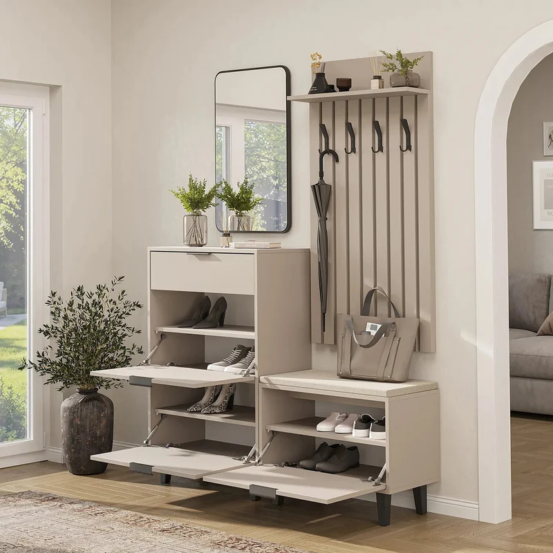 Roomart 4-teiliges Garderobenset NORD, mit Schuhschrank, Sitzbank mit Schuhklappe, Garderobenpaneel 130 cm und Spiegel, in 2 Farben