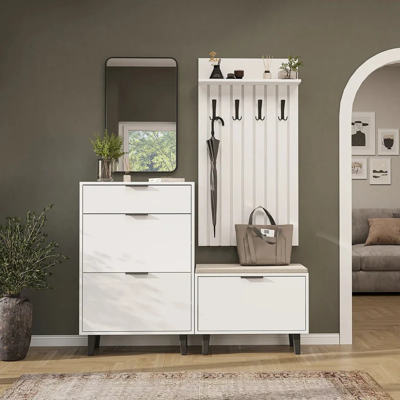 Roomart 4-teiliges Garderobenset NORD, mit Schuhschrank, Sitzbank mit Schuhklappe, Garderobenpaneel 130 cm und Spiegel, in 2 Farben