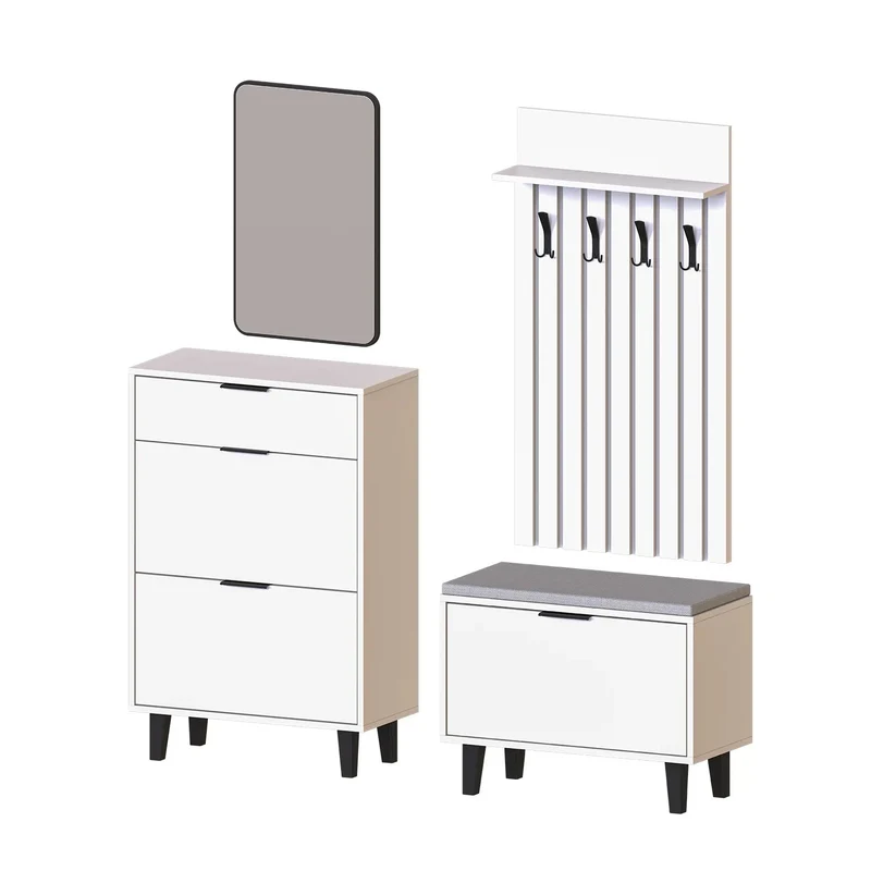 Roomart 4-teiliges Garderobenset NORD, mit Schuhschrank, Sitzbank mit Schuhklappe, Garderobenpaneel 130 cm und Spiegel, in 2 Farben