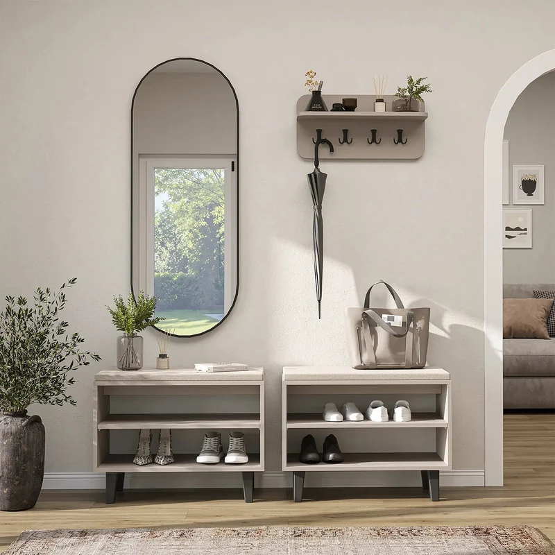 Roomart 4-teiliges Garderobenset NORD, mit 2 offenen Sitzbänken, Wandgarderobe und ovalem Spiegel, in 2 Farben