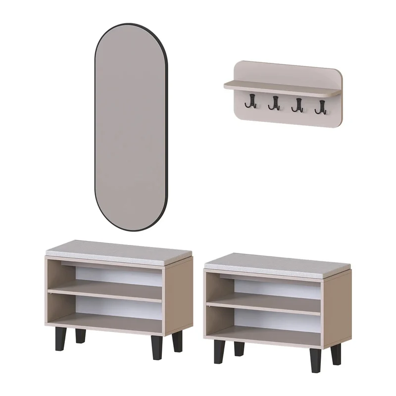 Roomart 4-teiliges Garderobenset NORD, mit 2 offenen Sitzbänken, Wandgarderobe und ovalem Spiegel, in 2 Farben