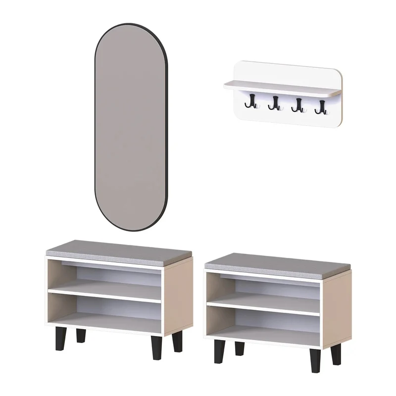Roomart 4-teiliges Garderobenset NORD, mit 2 offenen Sitzbänken, Wandgarderobe und ovalem Spiegel, in 2 Farben