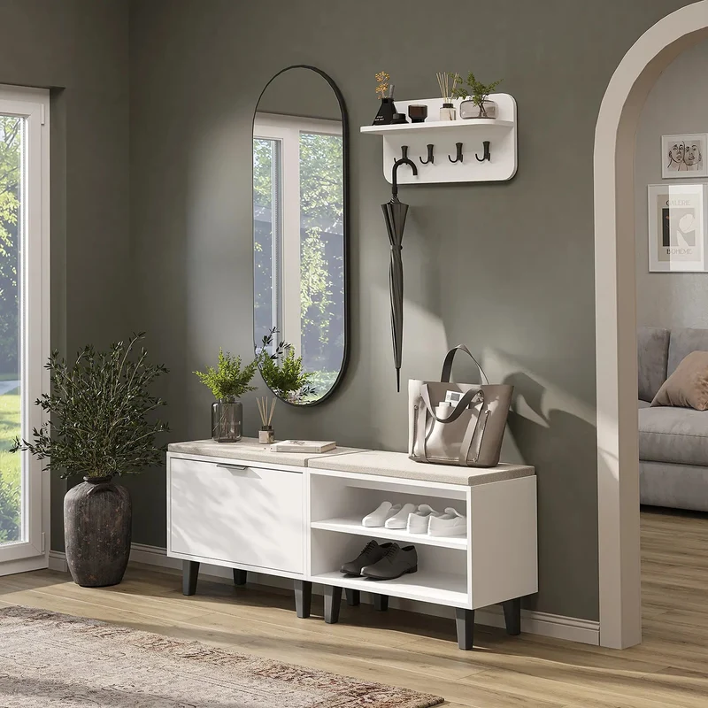 Roomart 4-teiliges Garderobenset NORD, mit 2 Sitzbänken (offen und mit Schuhklappe), Wandgarderobe und ovalem Spiegel, in 2 Farben