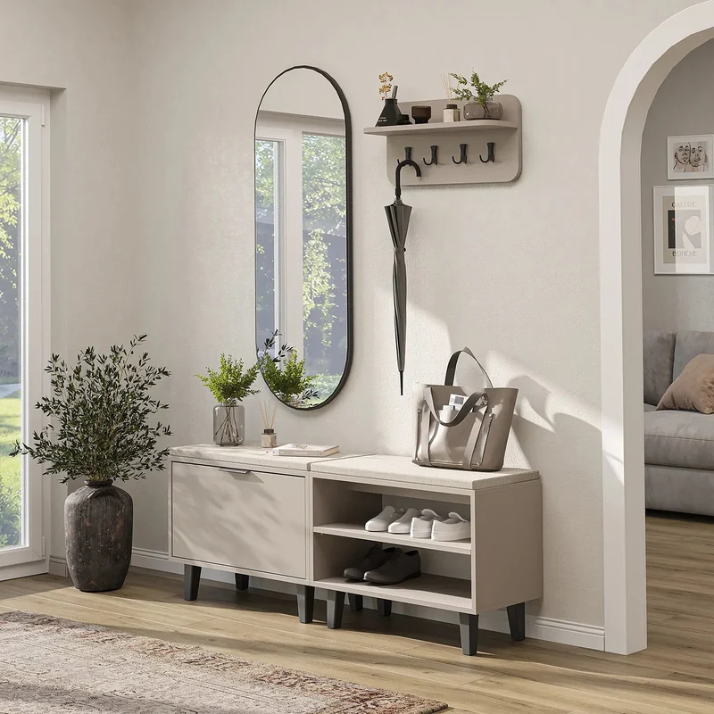 Roomart 4-teiliges Garderobenset NORD, mit 2 Sitzbänken (offen und mit Schuhklappe), Wandgarderobe und ovalem Spiegel, in 2 Farben