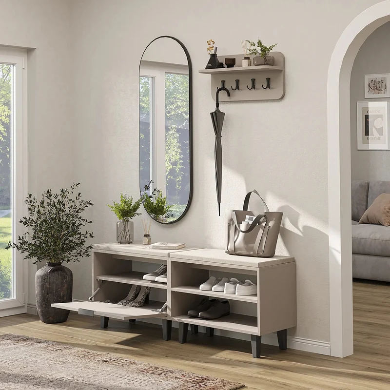 Roomart 4-teiliges Garderobenset NORD, mit 2 Sitzbänken (offen und mit Schuhklappe), Wandgarderobe und ovalem Spiegel, in 2 Farben
