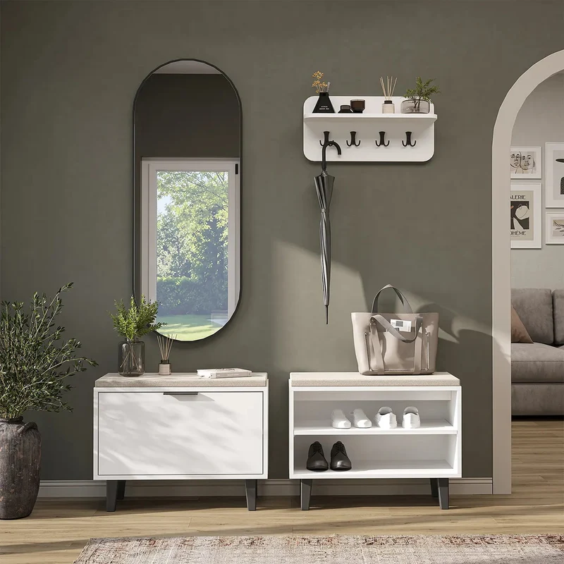 Roomart 4-teiliges Garderobenset NORD, mit 2 Sitzbänken (offen und mit Schuhklappe), Wandgarderobe und ovalem Spiegel, in 2 Farben