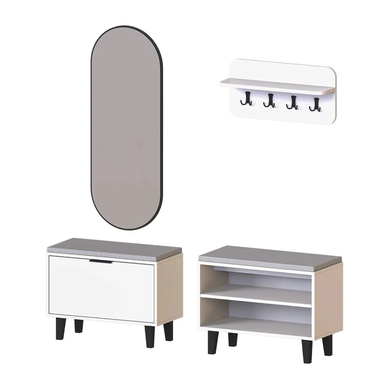 Roomart 4-teiliges Garderobenset NORD, mit 2 Sitzbänken (offen und mit Schuhklappe), Wandgarderobe und ovalem Spiegel, in 2 Farben