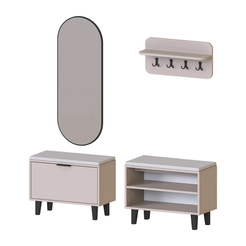 Roomart 4-teiliges Garderobenset NORD, mit 2 Sitzbänken (offen und mit Schuhklappe), Wandgarderobe und ovalem Spiegel, in 2 Farben