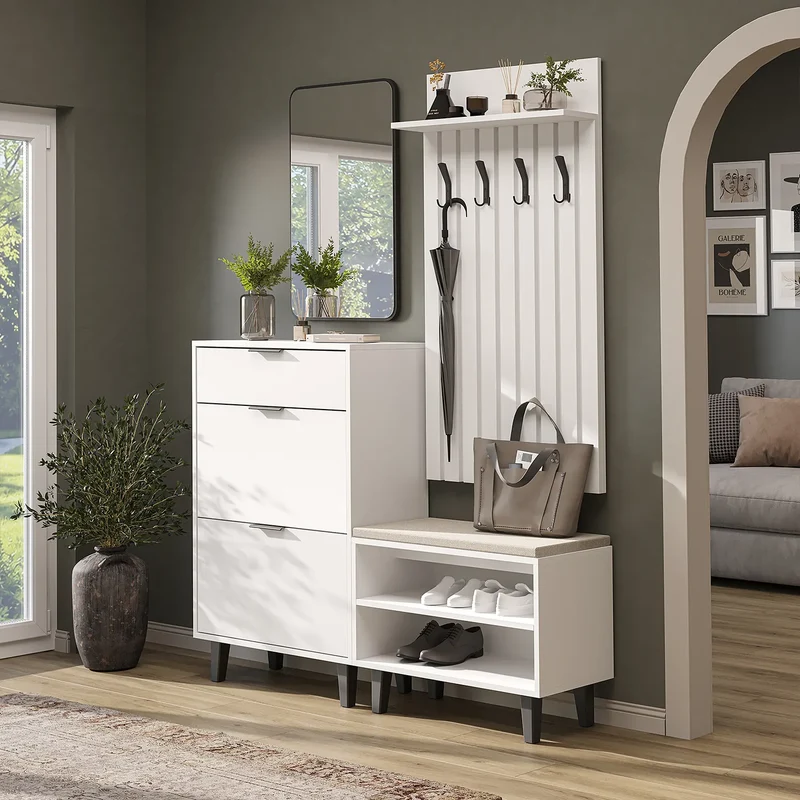 Roomart 4-teiliges Garderobenset NORD, mit Schuhschrank, Sitzbank, Garderobenpaneel 130 cm und Spiegel, in 2 Farben