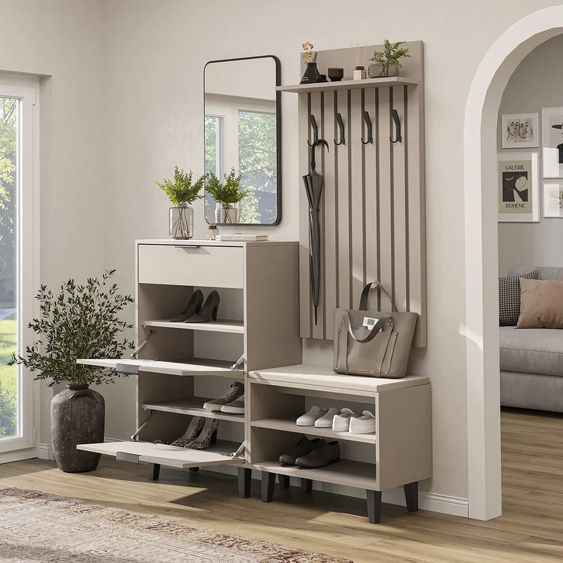 Roomart 4-teiliges Garderobenset NORD, mit Schuhschrank, Sitzbank, Garderobenpaneel 130 cm und Spiegel, in 2 Farben