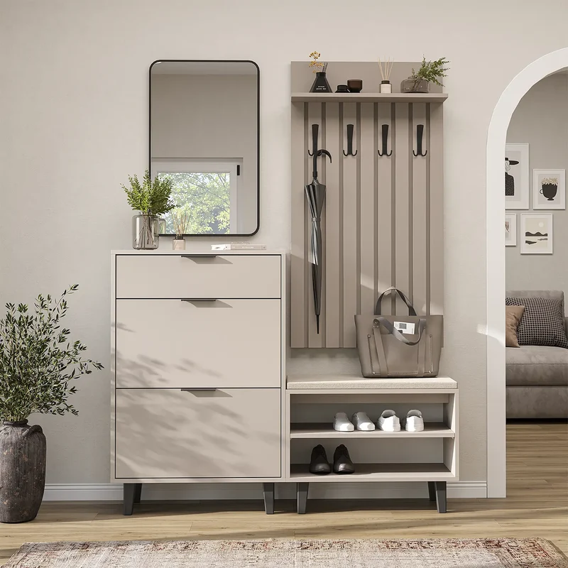 Roomart 4-teiliges Garderobenset NORD, mit Schuhschrank, Sitzbank, Garderobenpaneel 130 cm und Spiegel, in 2 Farben