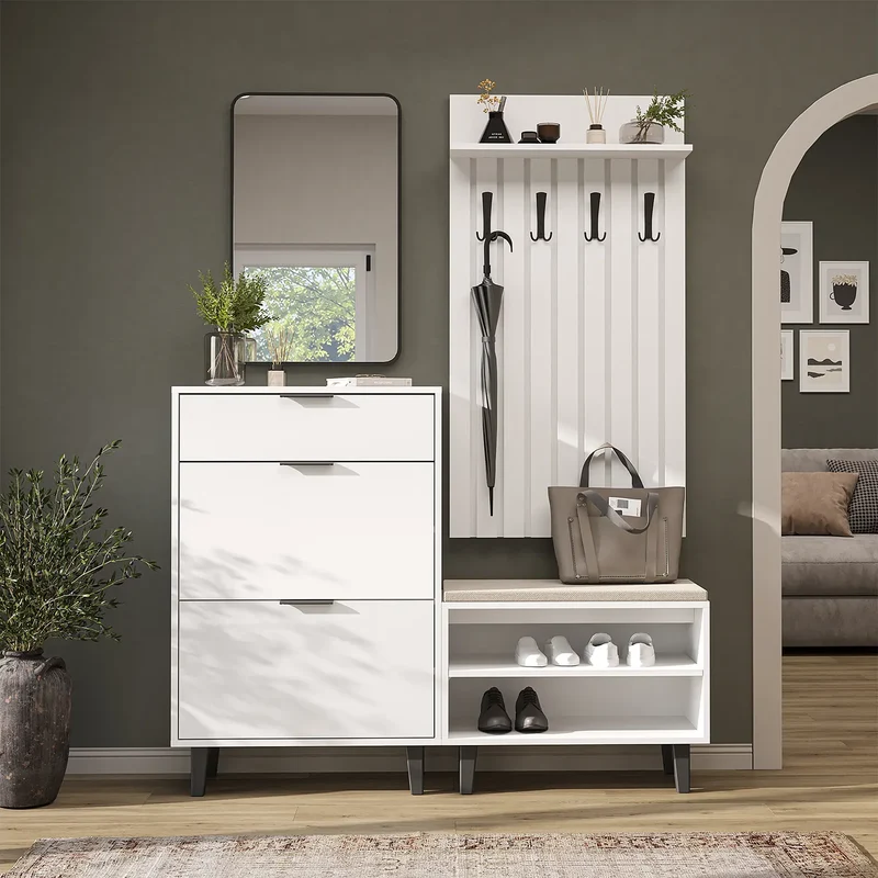 Roomart 4-teiliges Garderobenset NORD, mit Schuhschrank, Sitzbank, Garderobenpaneel 130 cm und Spiegel, in 2 Farben