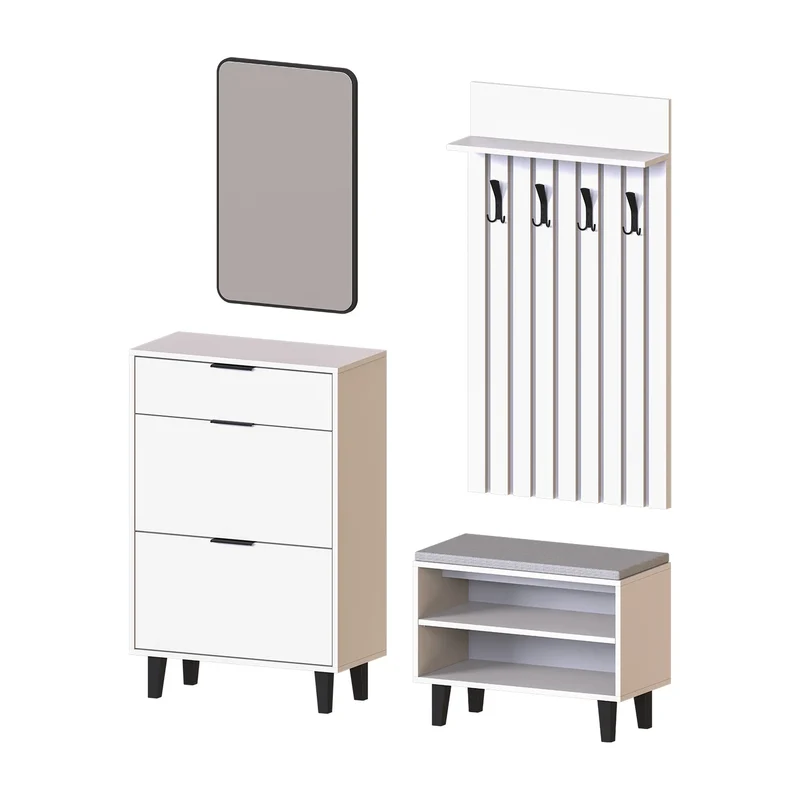 Roomart 4-teiliges Garderobenset NORD, mit Schuhschrank, Sitzbank, Garderobenpaneel 130 cm und Spiegel, in 2 Farben