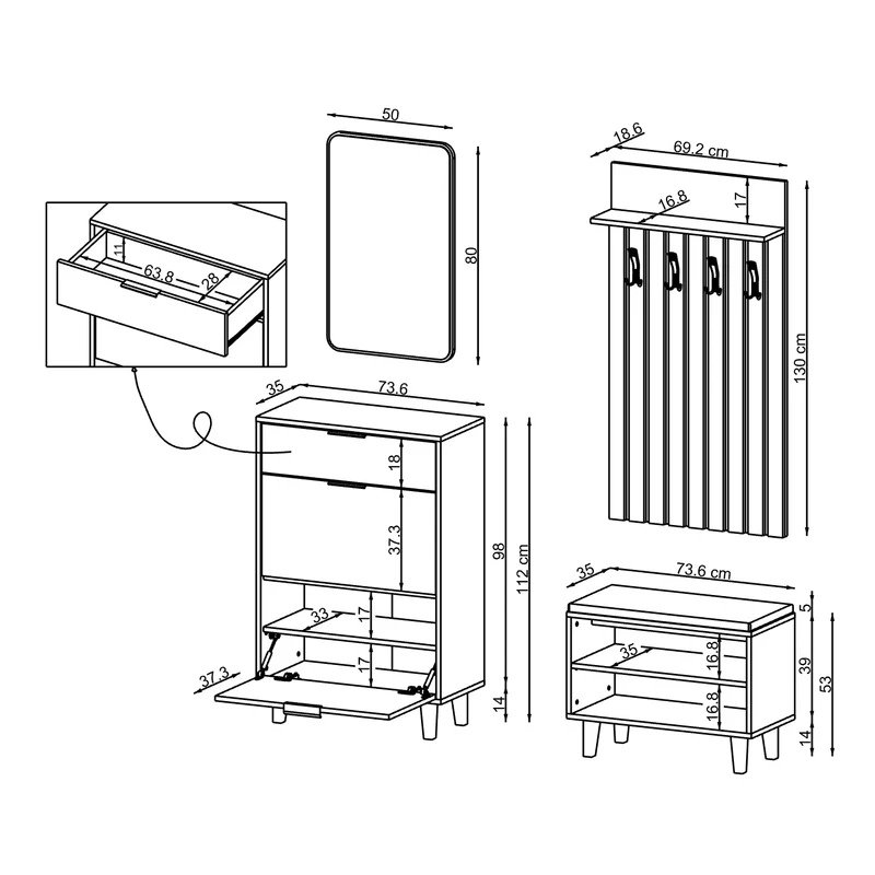 Roomart 4-teiliges Garderobenset NORD, mit Schuhschrank, Sitzbank, Garderobenpaneel 130 cm und Spiegel, in 2 Farben