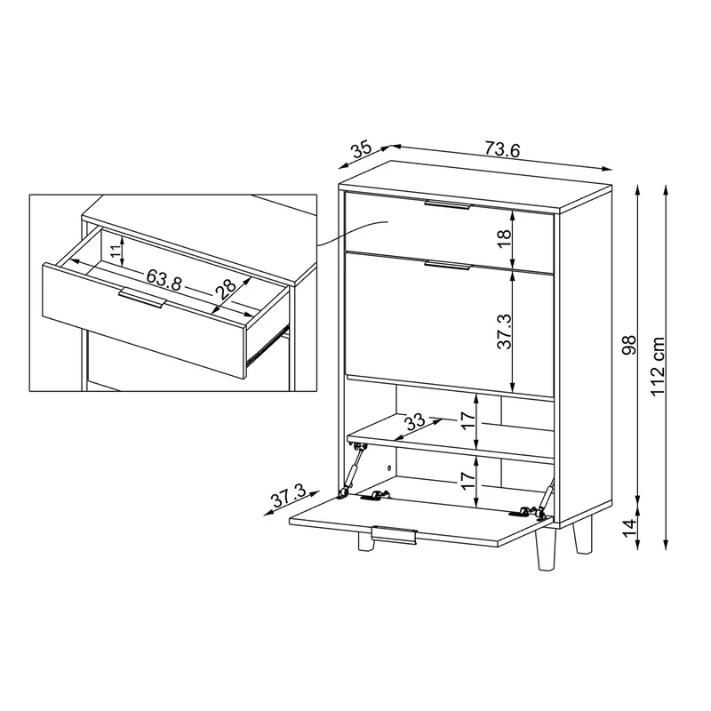 Roomart Schuhschrank NORD, 112 cm, mit 2 Schuhklappen und Schublade, in 2 Farben