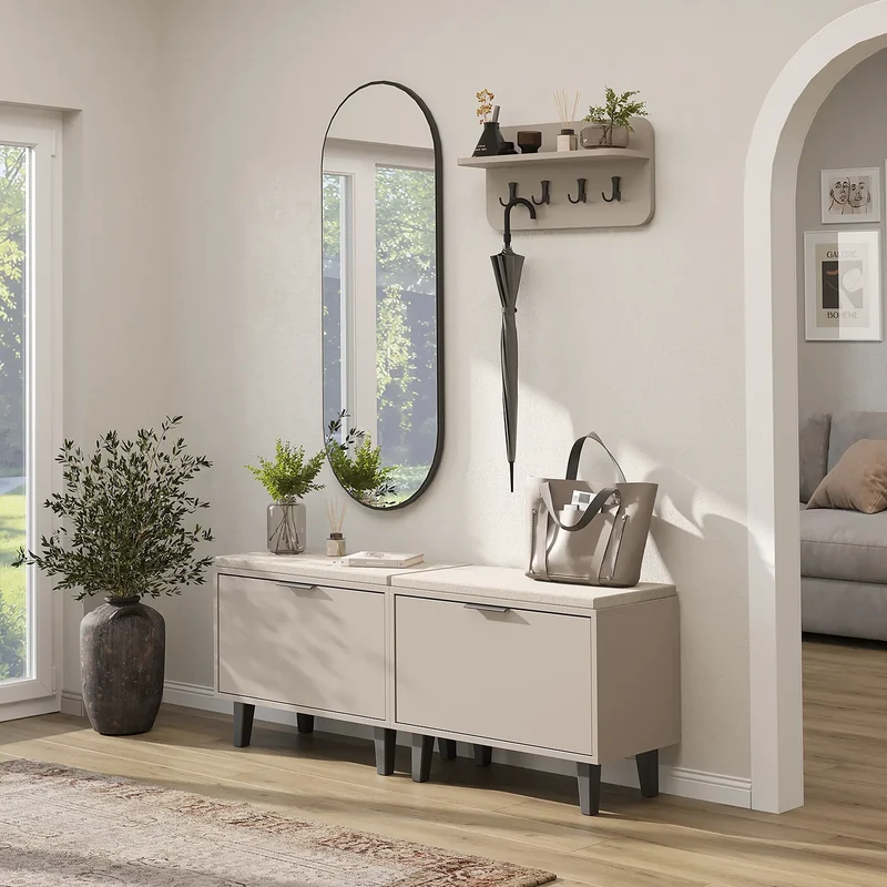 Roomart 4-teiliges Garderobenset NORD, mit 2 Sitzbänken mit Schuhklappe, Wandgarderobe und ovalem Spiegel, in 2 Farben