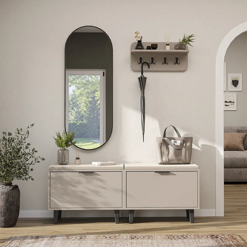 Roomart 4-teiliges Garderobenset NORD, mit 2 Sitzbänken mit Schuhklappe, Wandgarderobe und ovalem Spiegel, in 2 Farben
