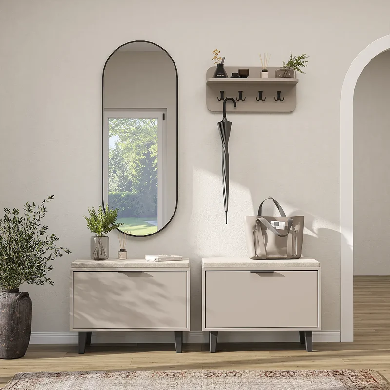 Roomart 4-teiliges Garderobenset NORD, mit 2 Sitzbänken mit Schuhklappe, Wandgarderobe und ovalem Spiegel, in 2 Farben