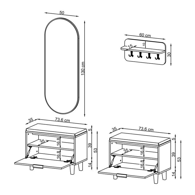 Roomart 4-teiliges Garderobenset NORD, mit 2 Sitzbänken mit Schuhklappe, Wandgarderobe und ovalem Spiegel, in 2 Farben