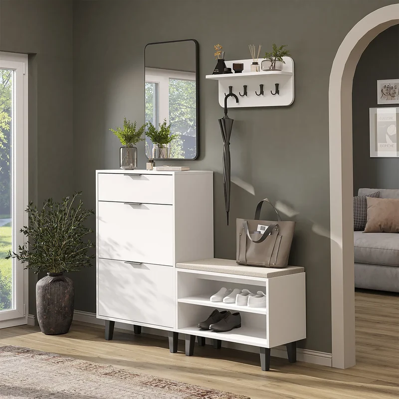 Roomart 4-teiliges Garderobenset NORD, mit Schuhschrank, Sitzbank, Wandgarderobe und Spiegel, in 2 Farben