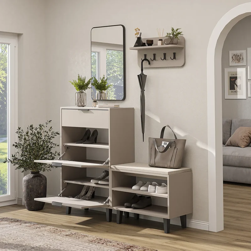Roomart 4-teiliges Garderobenset NORD, mit Schuhschrank, Sitzbank, Wandgarderobe und Spiegel, in 2 Farben