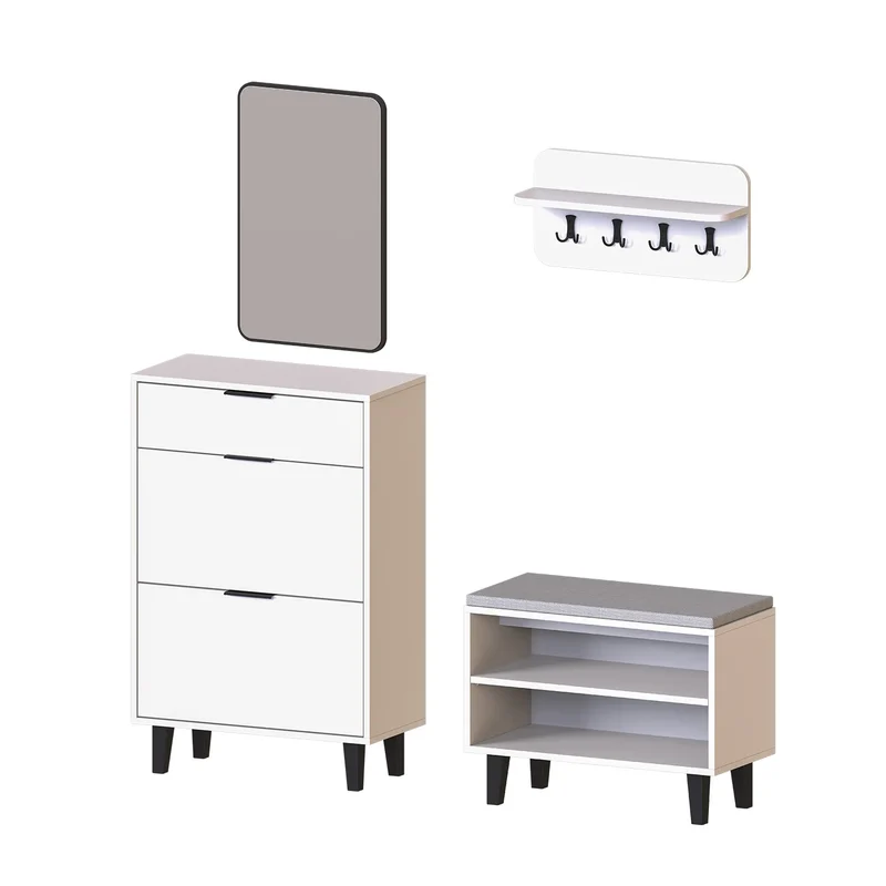 Roomart 4-teiliges Garderobenset NORD, mit Schuhschrank, Sitzbank, Wandgarderobe und Spiegel, in 2 Farben