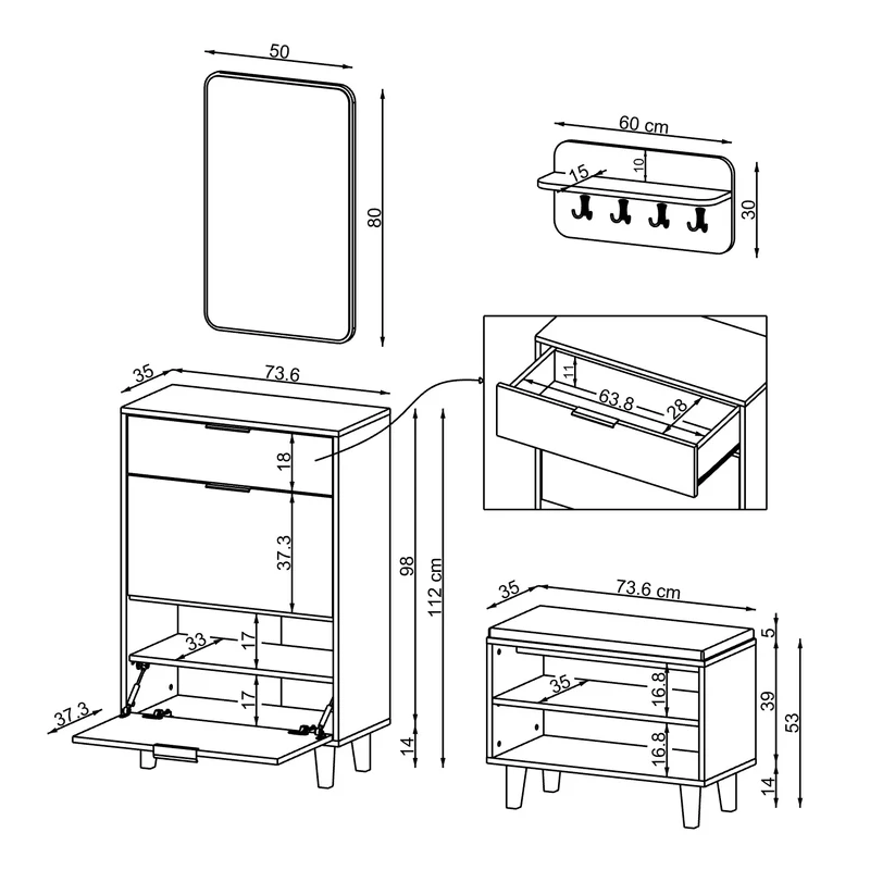 Roomart 4-teiliges Garderobenset NORD, mit Schuhschrank, Sitzbank, Wandgarderobe und Spiegel, in 2 Farben