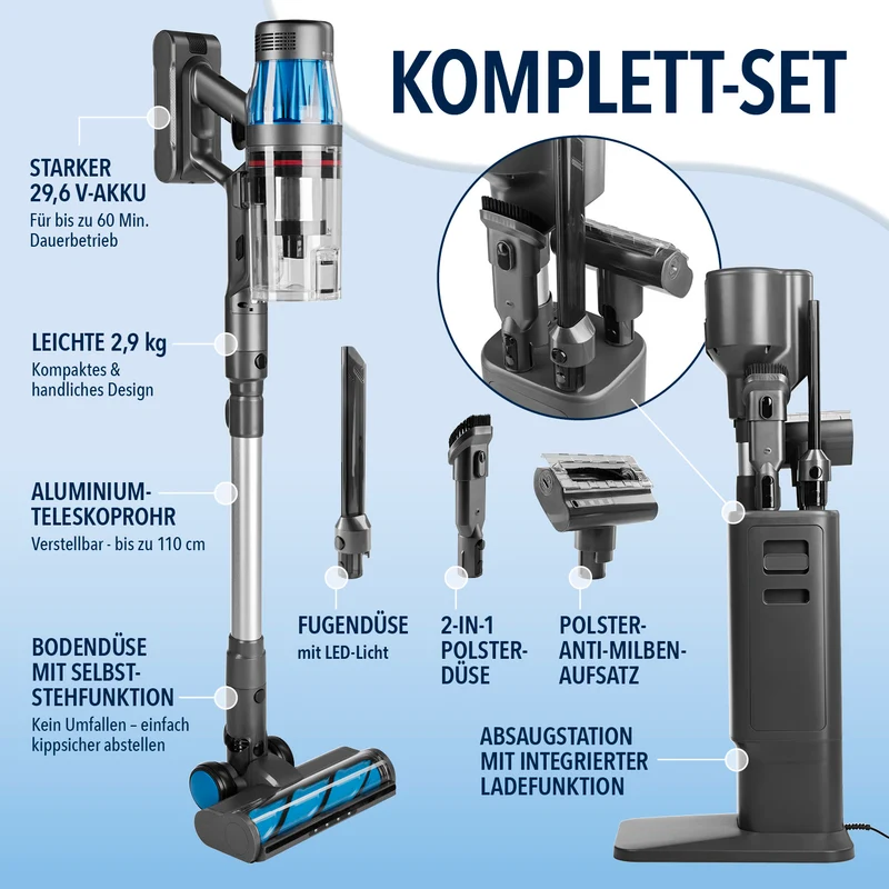 AeroTech 500 Staubsauger mit Absaugstation – Grau-Silber