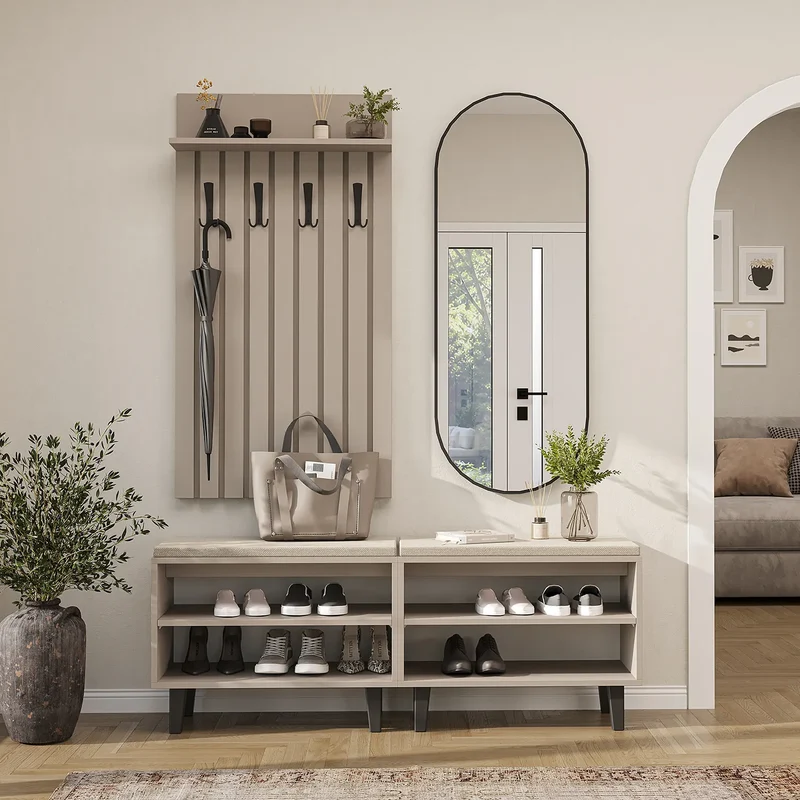 Roomart 4-teiliges Garderobenset NORD, mit 2 Sitzbänken, Garderobenpaneel und ovalem Spiegel, in 2 Farben