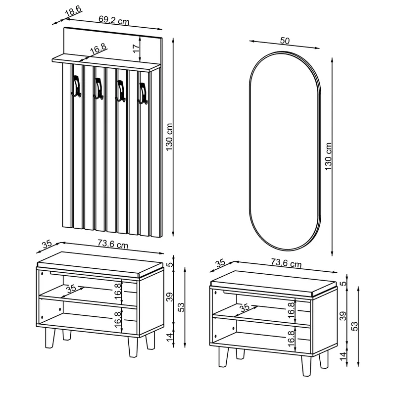 Roomart 4-teiliges Garderobenset NORD, mit 2 Sitzbänken, Garderobenpaneel und ovalem Spiegel, in 2 Farben